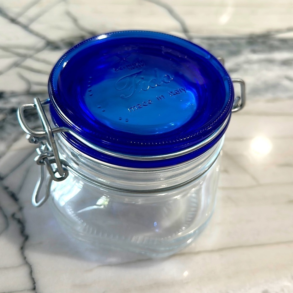 Bormioli Rocco Fido 1/2 L Glass Jar Hinged Top Blue Swing Lid Canister